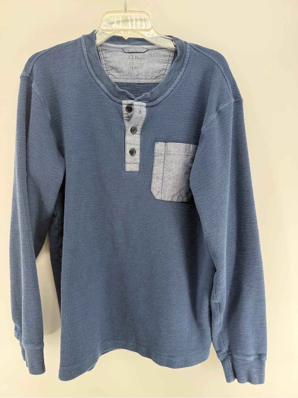 L.L. Bean Slate Blue Waffle Henley with Light Blue Contrast Pocket